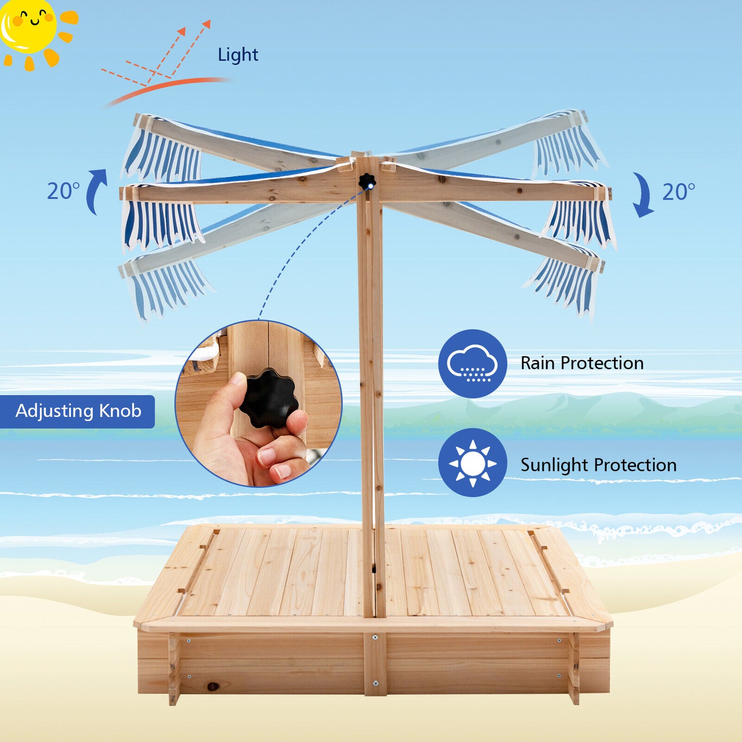 Kids Outdoor Sandbox with 2 Convertible Seat Benches