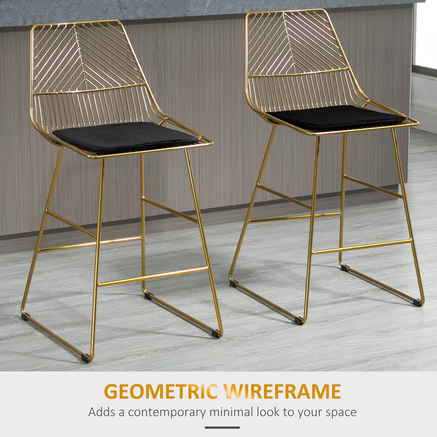 HOMCOM Set of 2 Bar stools Modern Counter Height Wire Metal Bar chairs for Kitchen, Bar Counter, Gold