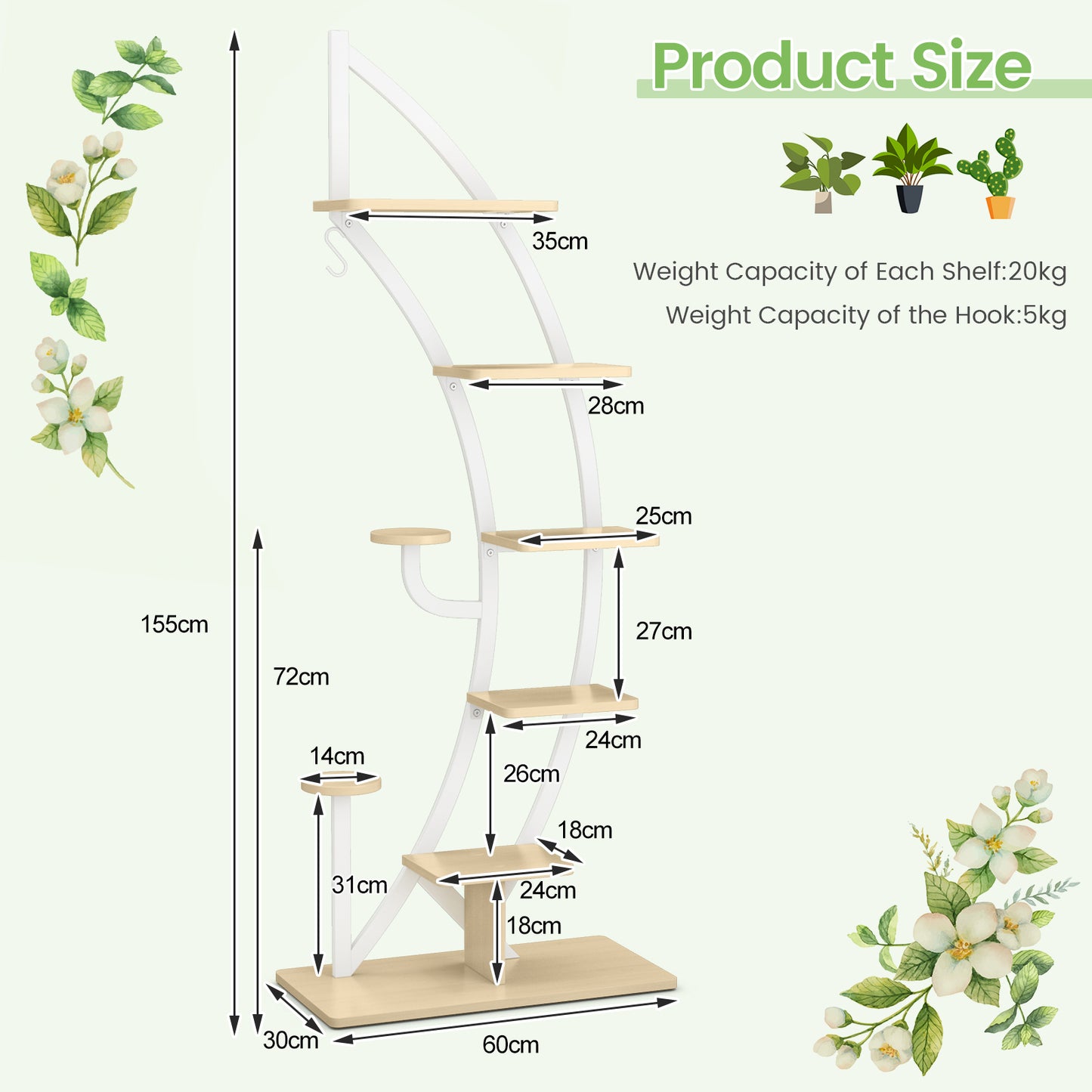 8-Tier Tall Wooden Curved Half-Moo Shape Plant Stand with Top Hook-White