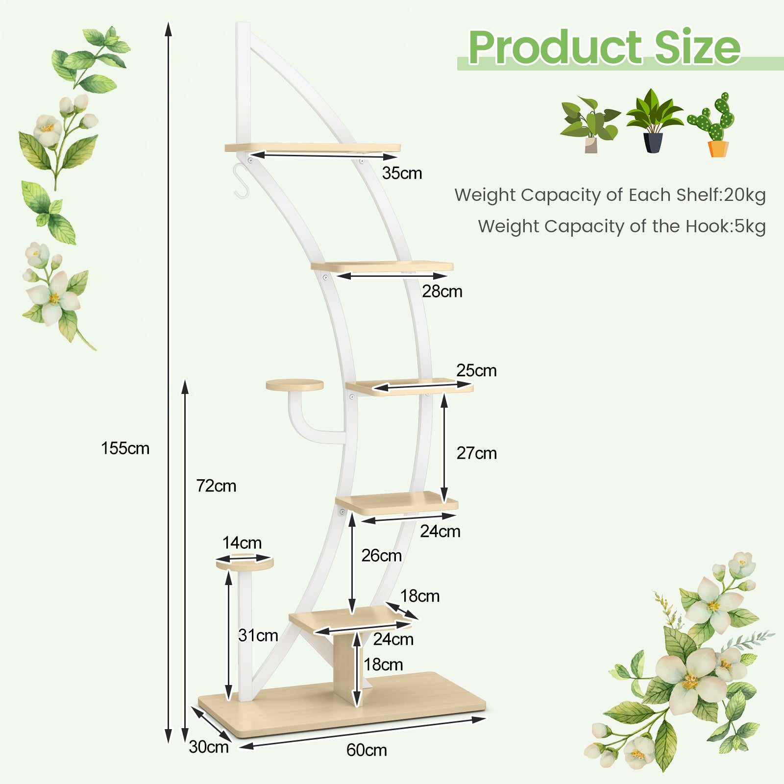 8-Tier Tall Wooden Curved Half-Moo Shape Plant Stand with Top Hook-White