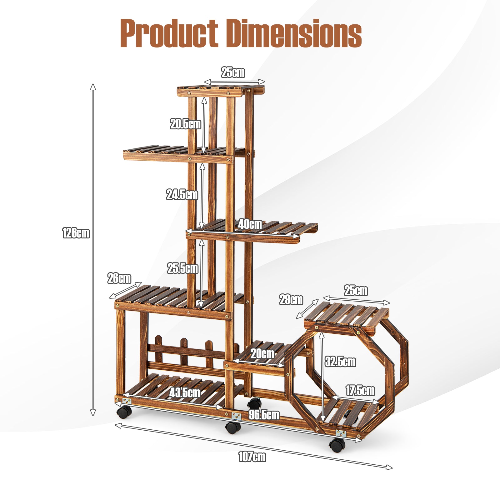 6-Tier Wood Plant Stand with Lockable Wheels and Octagonal Design