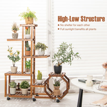 6-Tier Wood Plant Stand with Lockable Wheels and Octagonal Design