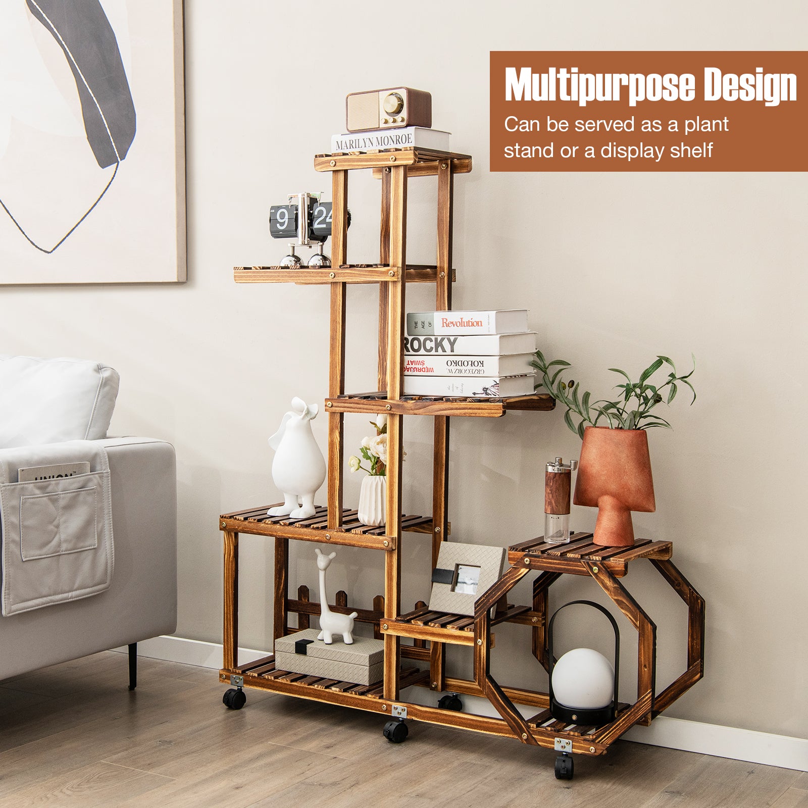 6-Tier Wood Plant Stand with Lockable Wheels and Octagonal Design