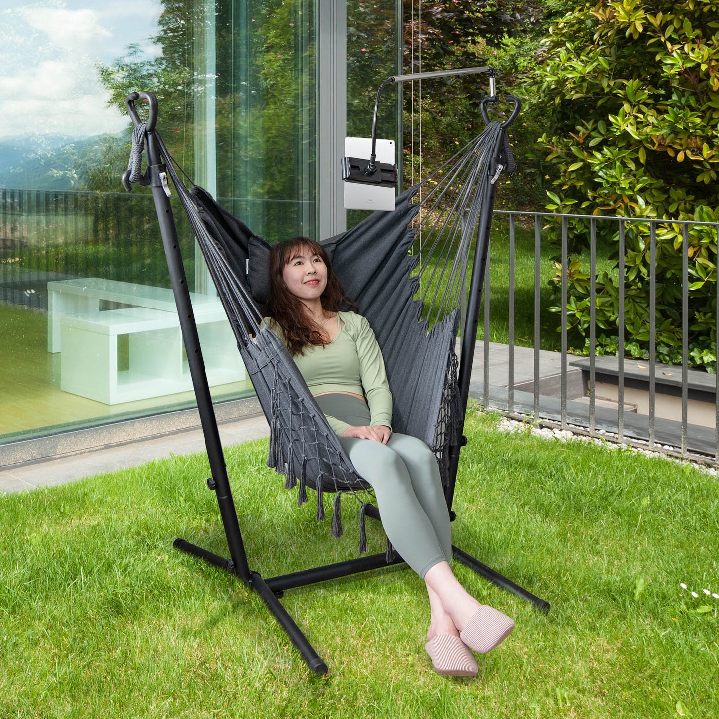 Hammock Chair with Stand and Phone Holder-Grey