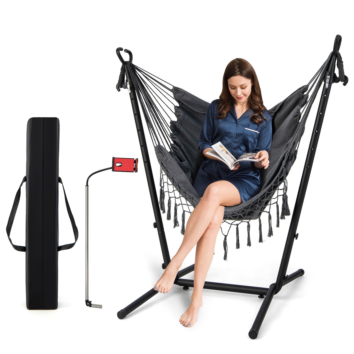 Hammock Chair with Stand and Phone Holder-Grey