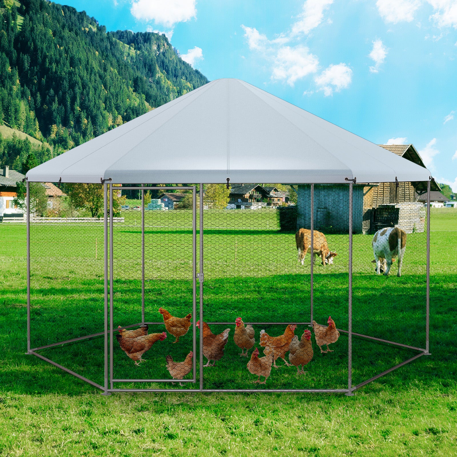 Hexagonal Metal Chicken Coop with Wire Mesh and Lockable Door