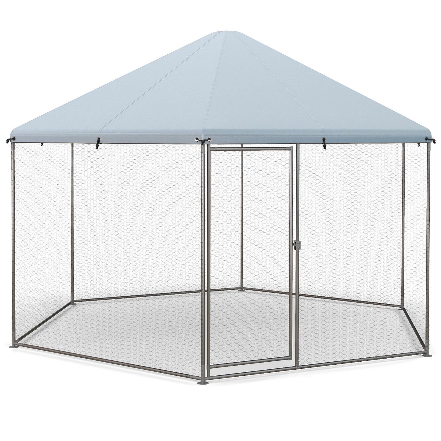 Hexagonal Metal Chicken Coop with Wire Mesh and Lockable Door