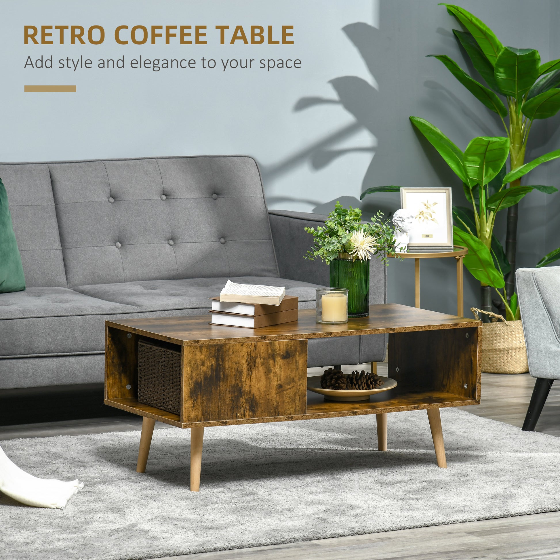 HOMCOM Coffee Table with Open Storage Shelves, Retro Cocktail Table with Solid Wood Legs for Living Room, Rustic Brown