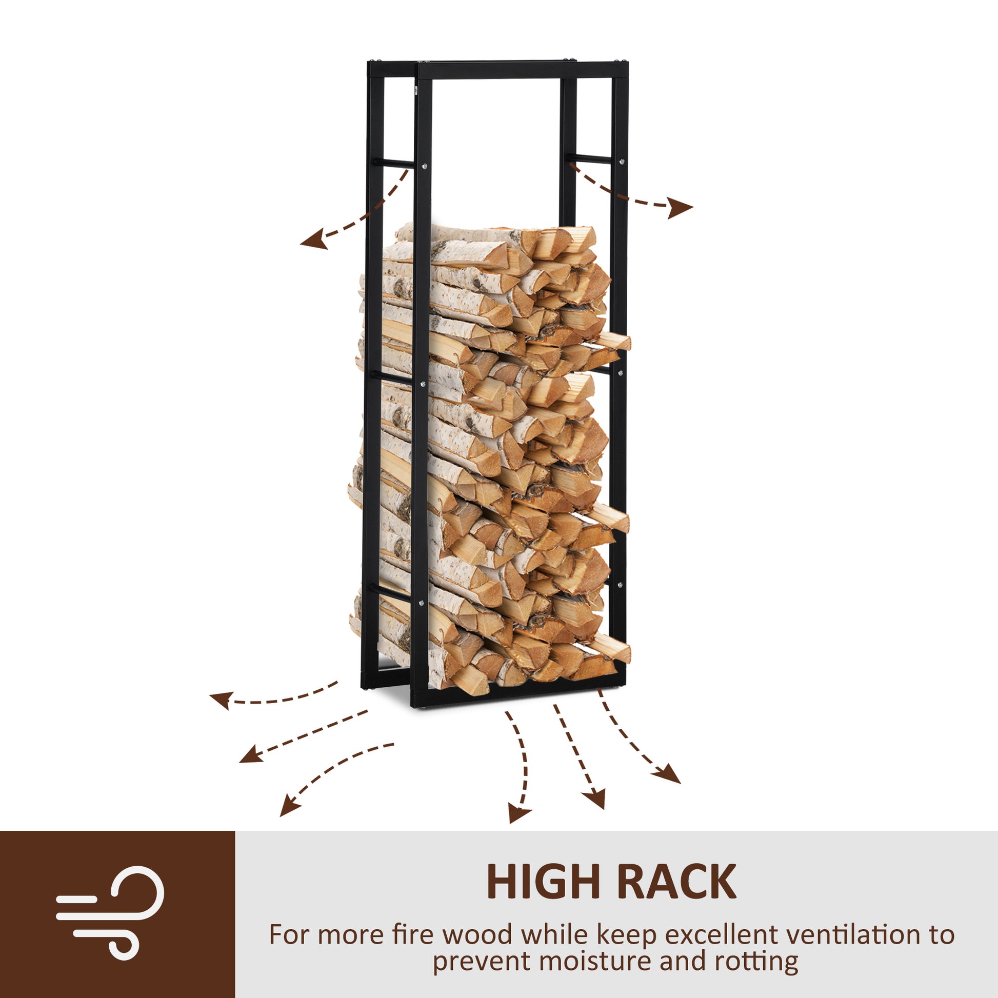 HOMCOM Metal Firewood Log Holder Tall Firewood Rack Indoor Outdoor Fireplace Wood Storage Shelf, Black, 60Wx25Dx150Hcm