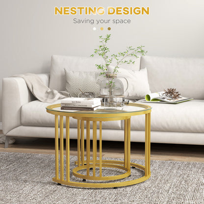 HOMCOM Round Coffee Tables Set of 2, Nesting Tables with Tempered Glass Top and Steel Frame, 60cmx60cmx47cm, Gold Tone