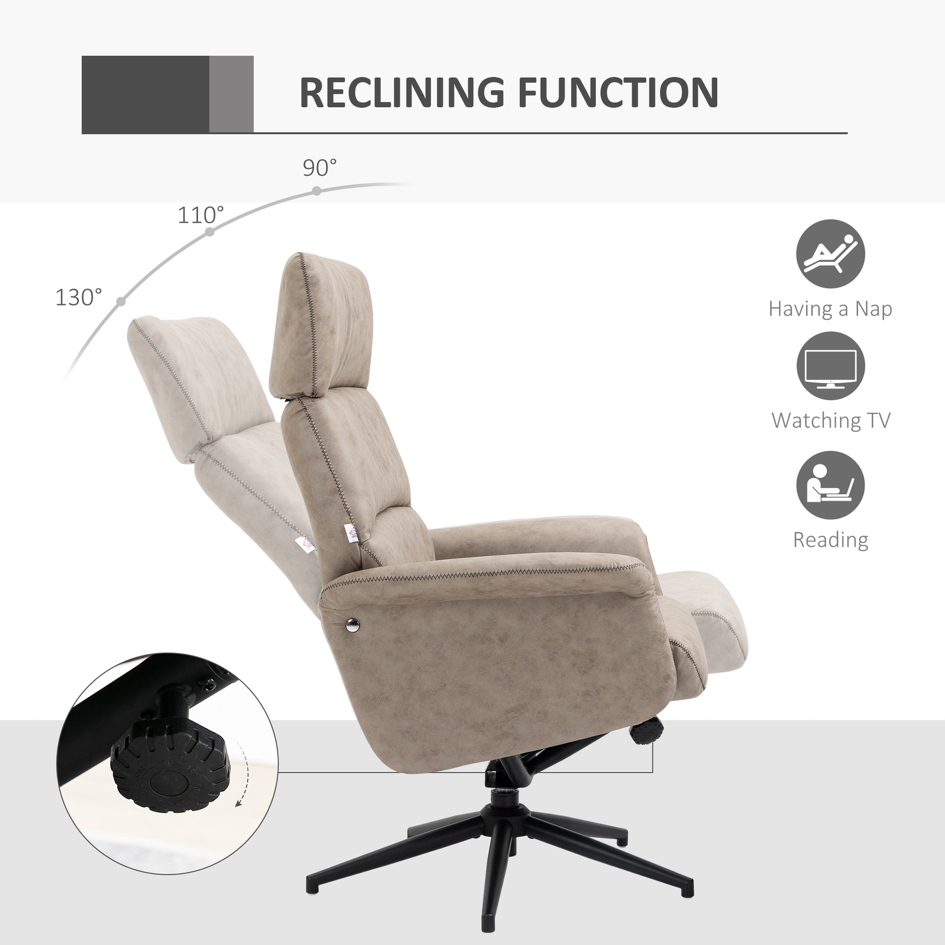 HOMCOM Swivel Recliner Chair and Footstool, Upholstered Reclining Armchair with Ottoman, Adjustable and Removable Headrest, Khaki