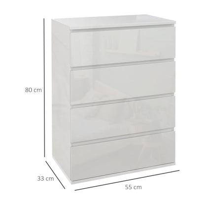 HOMCOM High Gloss 4 Drawer Chest Of Drawers,4-Drawer Storage Cabinets, Modern Dresser, Storage Drawer Unit for Bedroom, White