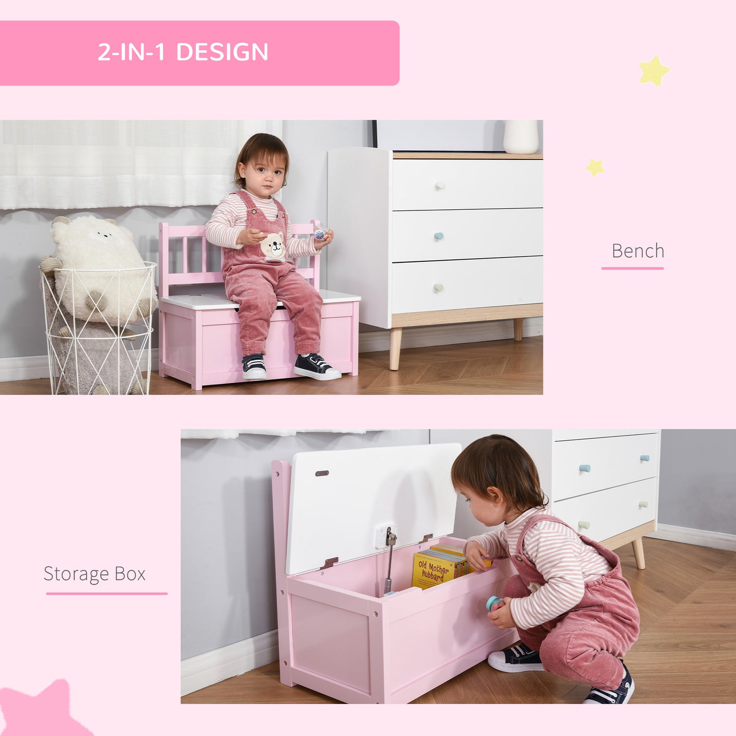 HOMCOM 2-IN-1 Wooden Toy Box Kids Seat Bench Storage Chest Cabinet Organizer with Safety Pneumatic Rod 60 x 30 x 50cm Pink