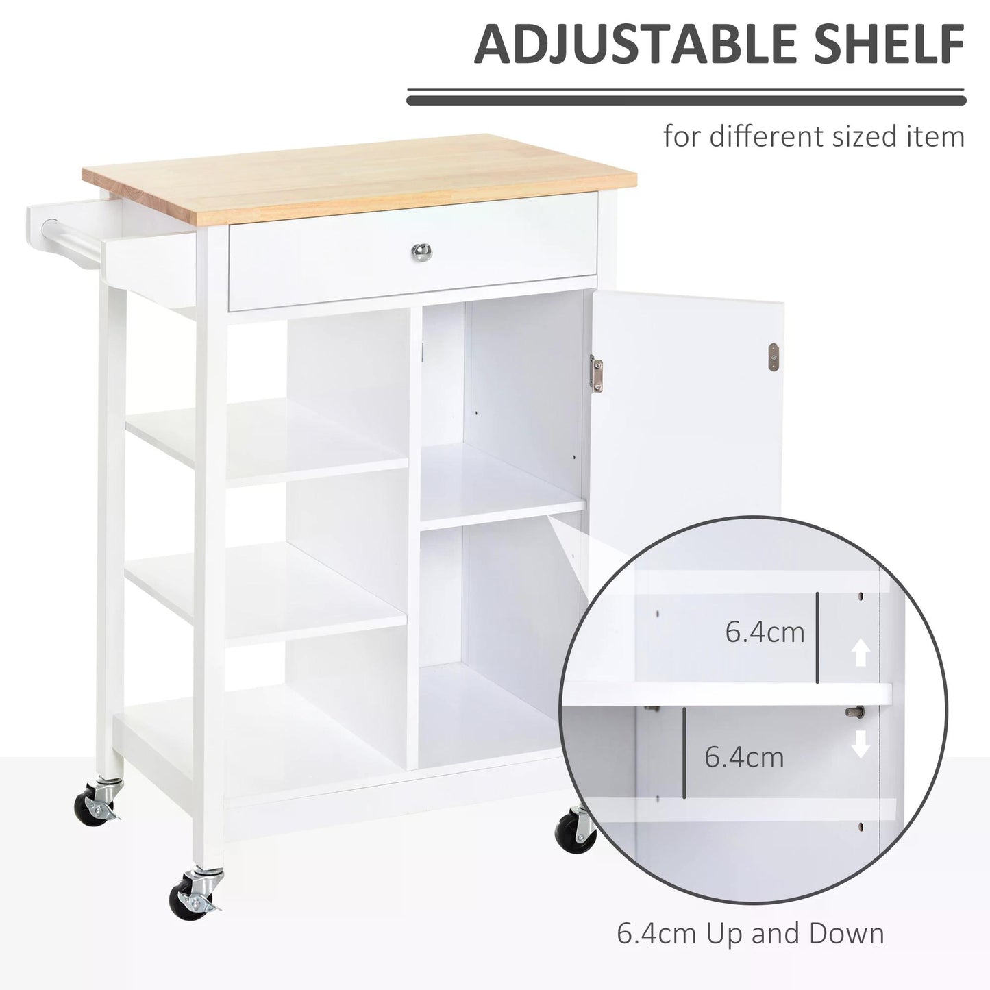 HOMCOM Kitchen Storage Trolley Unit w/ Wood Top 3 Shelves Cupboard Drawer Rail 4 Wheels Handles Moving Shelf Handy Spacesaver White