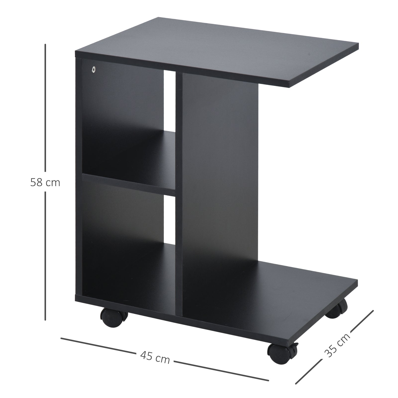 HOMCOM C-Shape End Table Unique Storage Unit w/ 2 Shelves 4 Wheels Freestanding Home Office Furniture Cabinet Square Studio Black