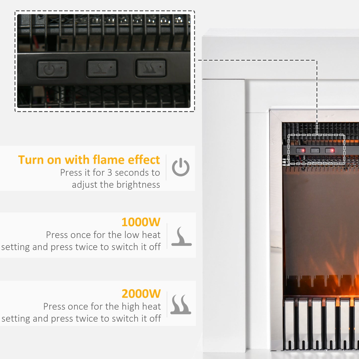 HOMCOM Electric Fireplace Suite with Remote Control, Freestanding Fireplace Heater with Flame Effect, 1kW/2kW, Overheat Protection, White