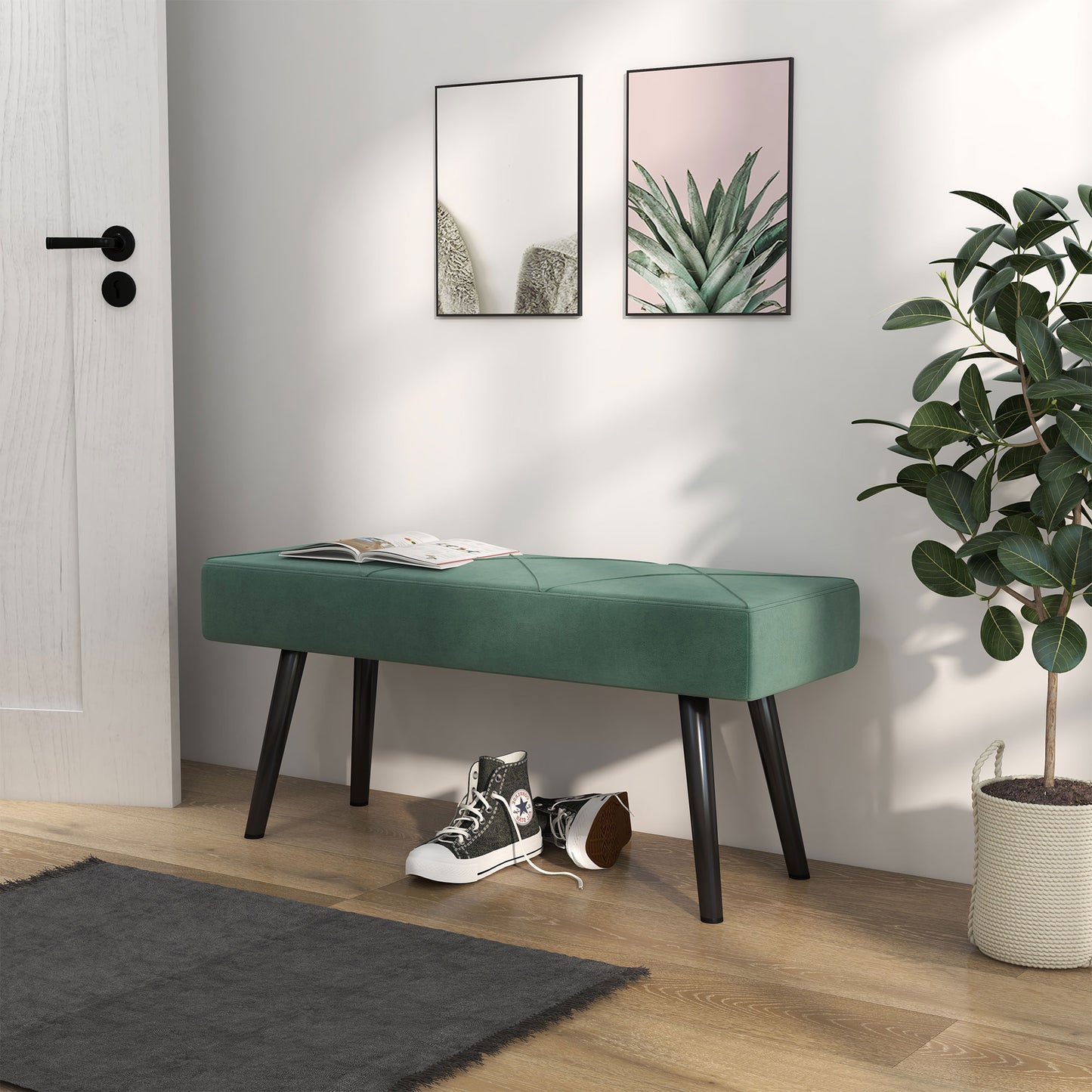 HOMCOM End of Bed Bench with X-Shape Design and Steel Legs, Upholstered Hallway Bench for Bedroom, Green