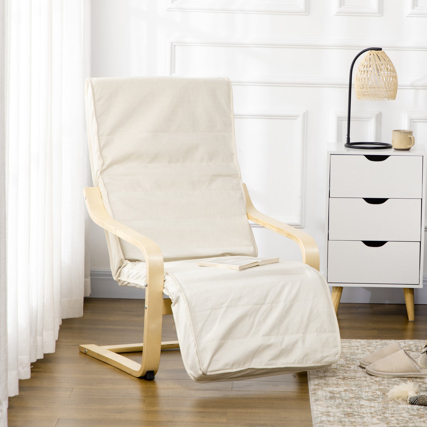 HOMCOM Wooden Lounging Chair Deck Relaxing Recliner Lounge Seat with Adjustable Footrest & Removable Cushion, Cream White