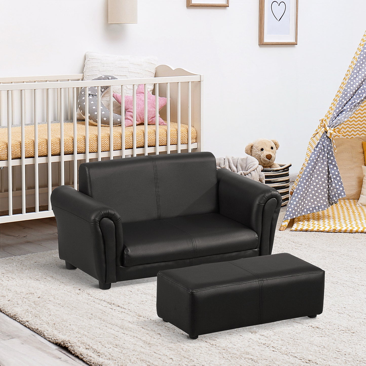 HOMCOM 2 Seater Toddler Chair Kids Twin Sofa Childrens Double Seat Chair Furniture Armchair Boys Girls Couch w/ Footstool (Black)