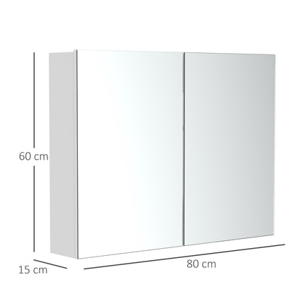 HOMCOM Double Door Mirror Cabinet, Wall Mounted Glass Cabinet, Storage Unit Bathroom Shelf Organiser, Wooden Frame 80L x 60H x 15Dcm, White