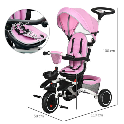 HOMCOM 7-in-1 Tricycle for Kids, Baby Trike with Rotatable Seat, Adjustable Push Handle Safety Harness Detachable Canopy Semi-reclining Footrest Pink