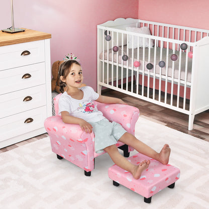 HOMCOM Kids Children Armchair Mini Sofa Wood Frame w/ Footrest Anti-Slip Legs High Back Arms Bedroom Playroom Furniture Cute Cloud Star Pink