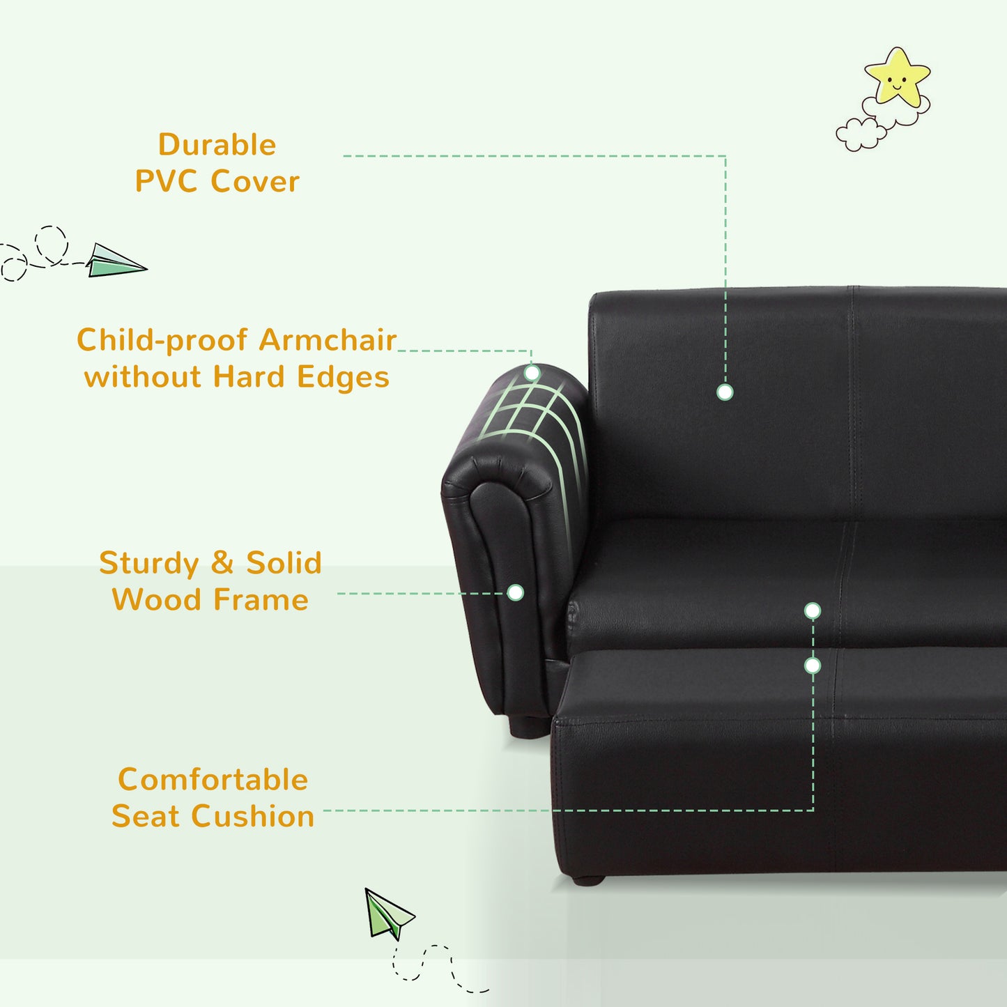 HOMCOM 2 Seater Toddler Chair Kids Twin Sofa Childrens Double Seat Chair Furniture Armchair Boys Girls Couch w/ Footstool (Black)