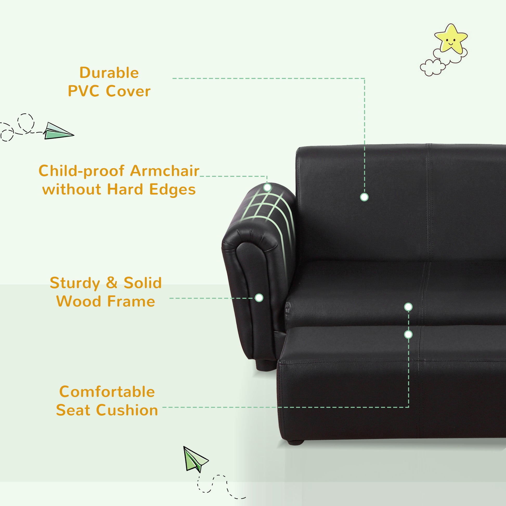 HOMCOM 2 Seater Toddler Chair Kids Twin Sofa Childrens Double Seat Chair Furniture Armchair Boys Girls Couch w/ Footstool (Black)