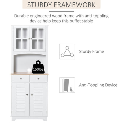 HOMCOM Modern Kitchen Cupboard, Louvered Kitchen Storage Cabinet with Framed Glass Doors and 2 Drawers, White