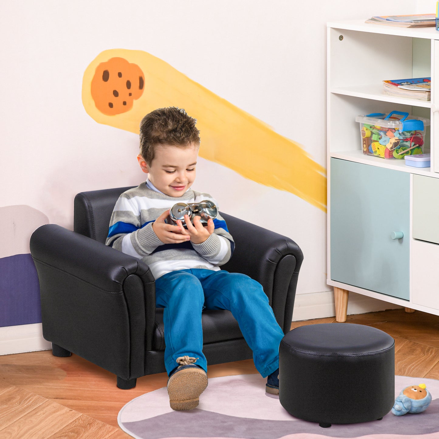 HOMCOM Toddler Chair Single Seater Kids Sofa Set, 54 x 42 x 41cm, Kids Sofa with Stool, Black