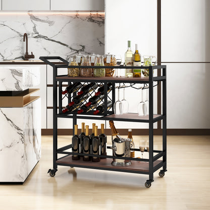 3-Tier Bar Cart Serving Cart w/Wine Racks and Glass Holders-Walnut