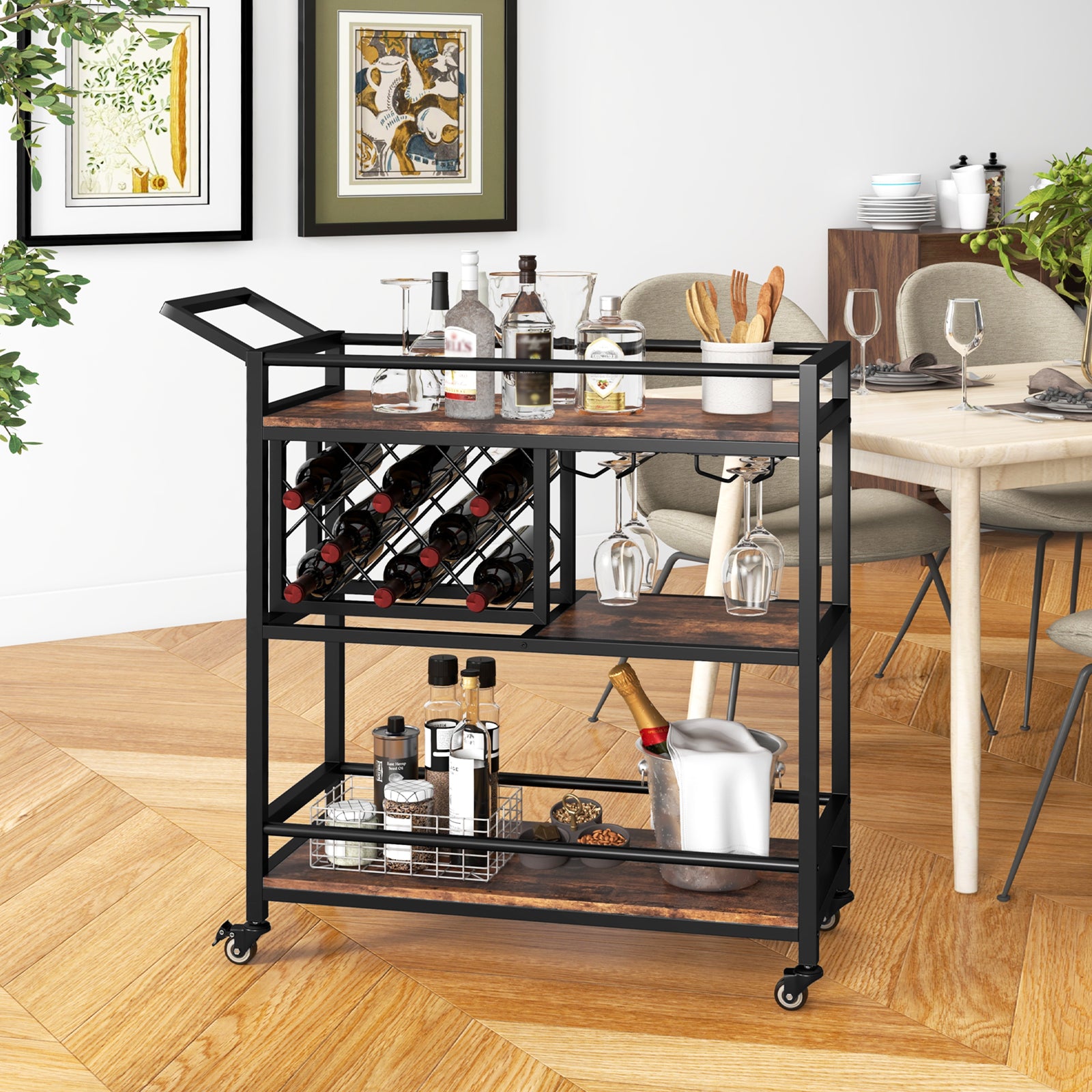 3-Tier Bar Cart Serving Cart w/Wine Racks and Glass Holders-Rustic Brown