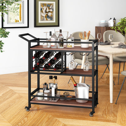 3-Tier Bar Cart Serving Cart w/Wine Racks and Glass Holders-Walnut