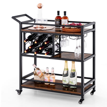 3-Tier Bar Cart Serving Cart w/Wine Racks and Glass Holders-Rustic Brown