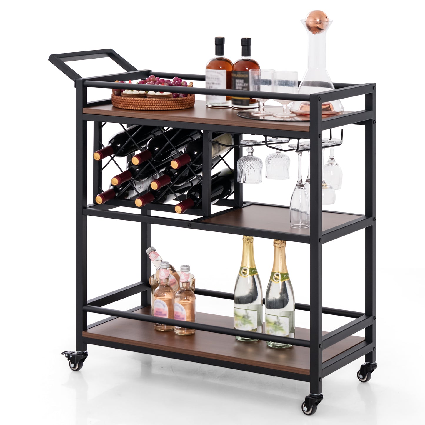 3-Tier Bar Cart Serving Cart w/Wine Racks and Glass Holders-Walnut