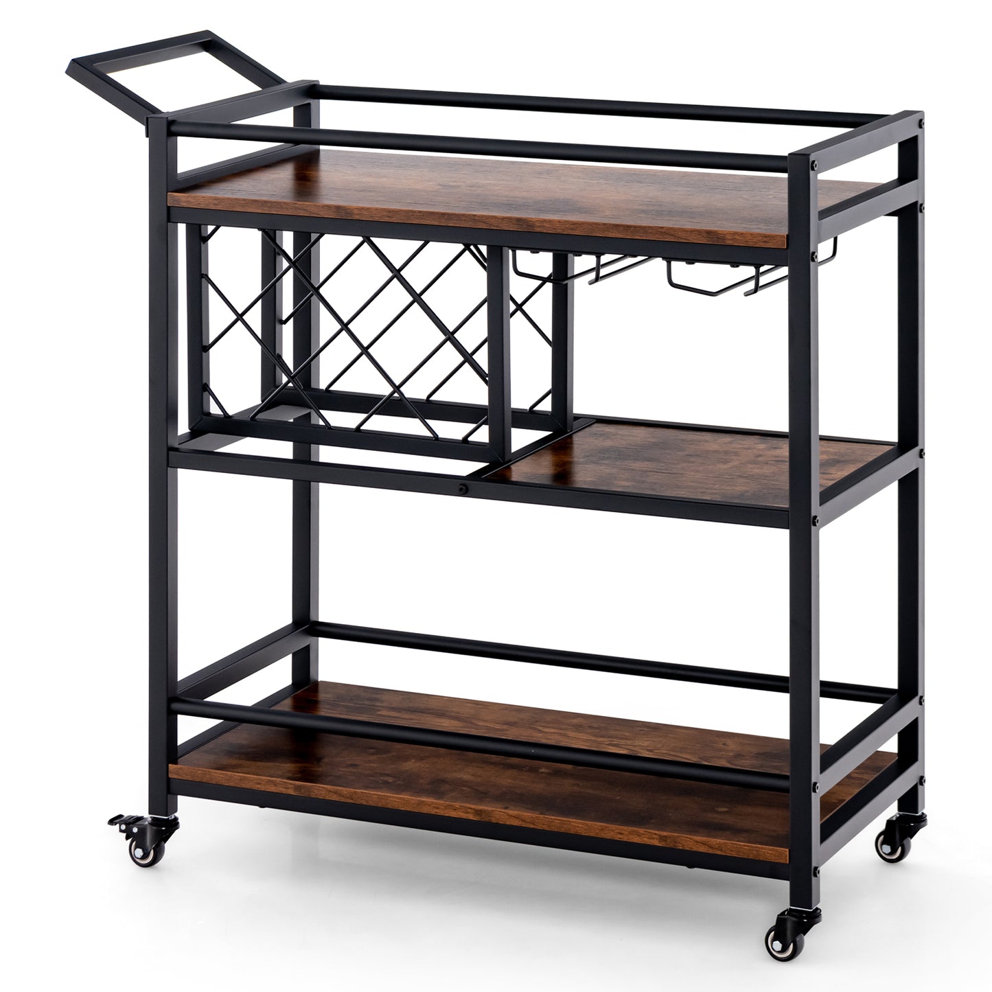 3-Tier Bar Cart Serving Cart w/Wine Racks and Glass Holders-Rustic Brown