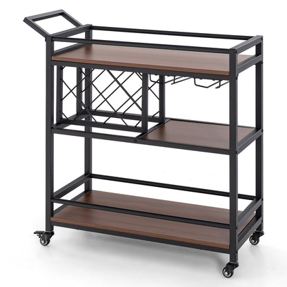 3-Tier Bar Cart Serving Cart w/Wine Racks and Glass Holders-Walnut