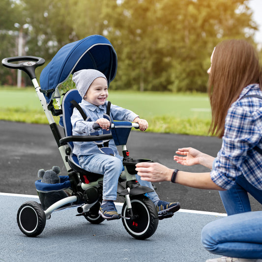 HOMCOM 7-in-1 Tricycle 3 Wheels Pedal Trike w/ Rotatable Seat and Safety Harness for Ages 12-50 Months Kids, Baby, Blue