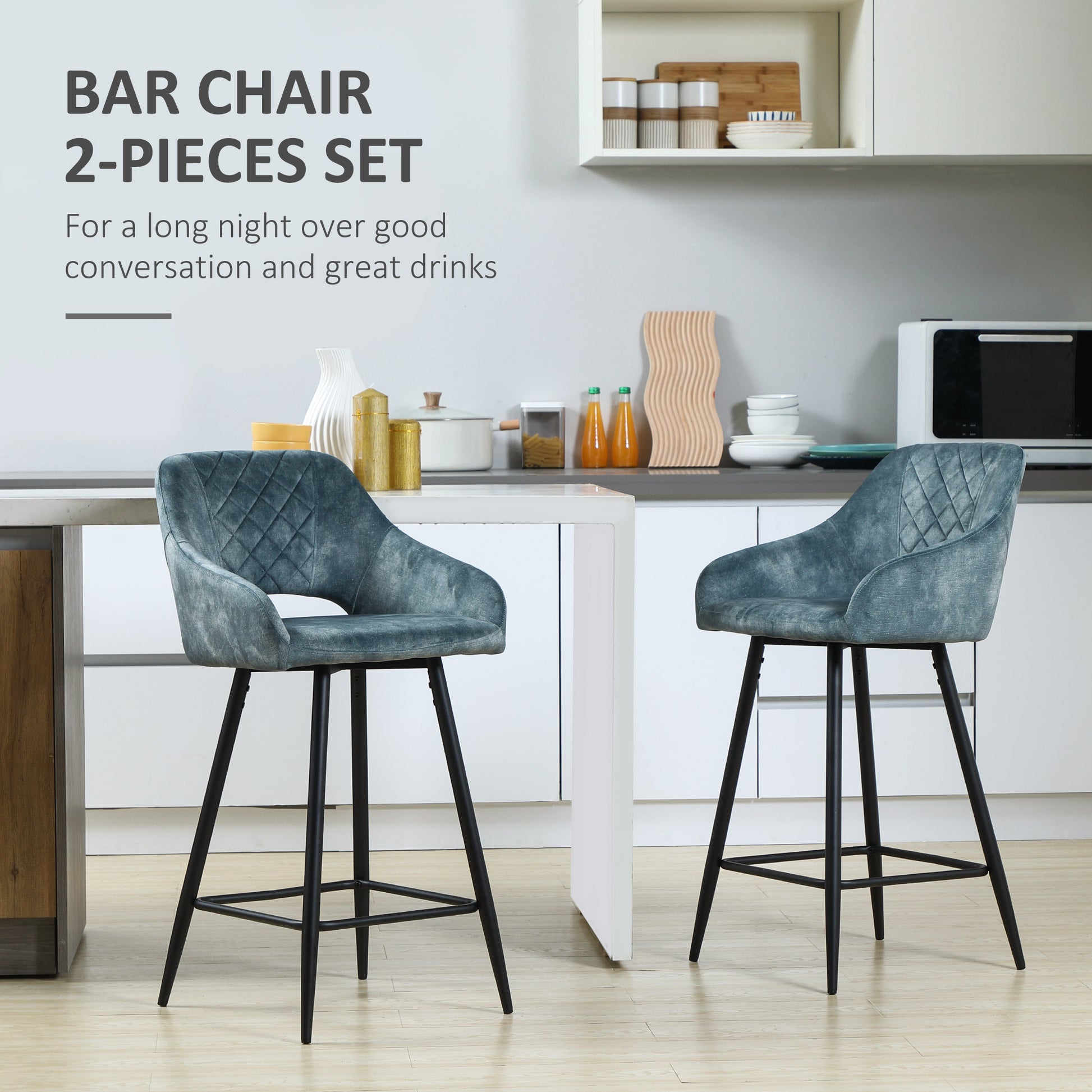 HOMCOM Bar Stools Set of 2, Velvet-Touch Fabric Counter Height Bar Chairs, Kitchen Stools with Steel Legs for Dining Area Blue