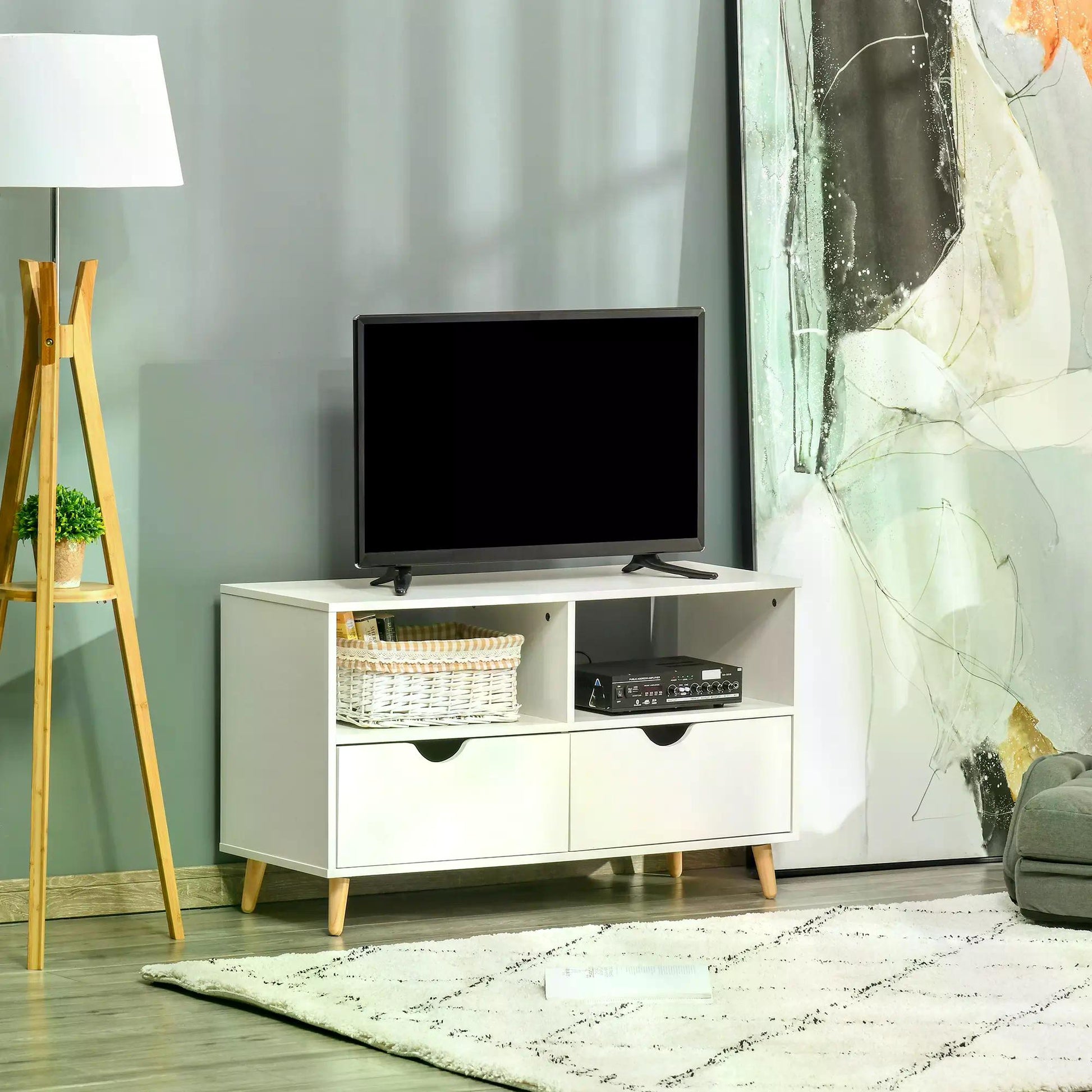 HOMCOM TV Stand with Shelf & Drawers Storage Cabinet Media Entertainment Center Modern White