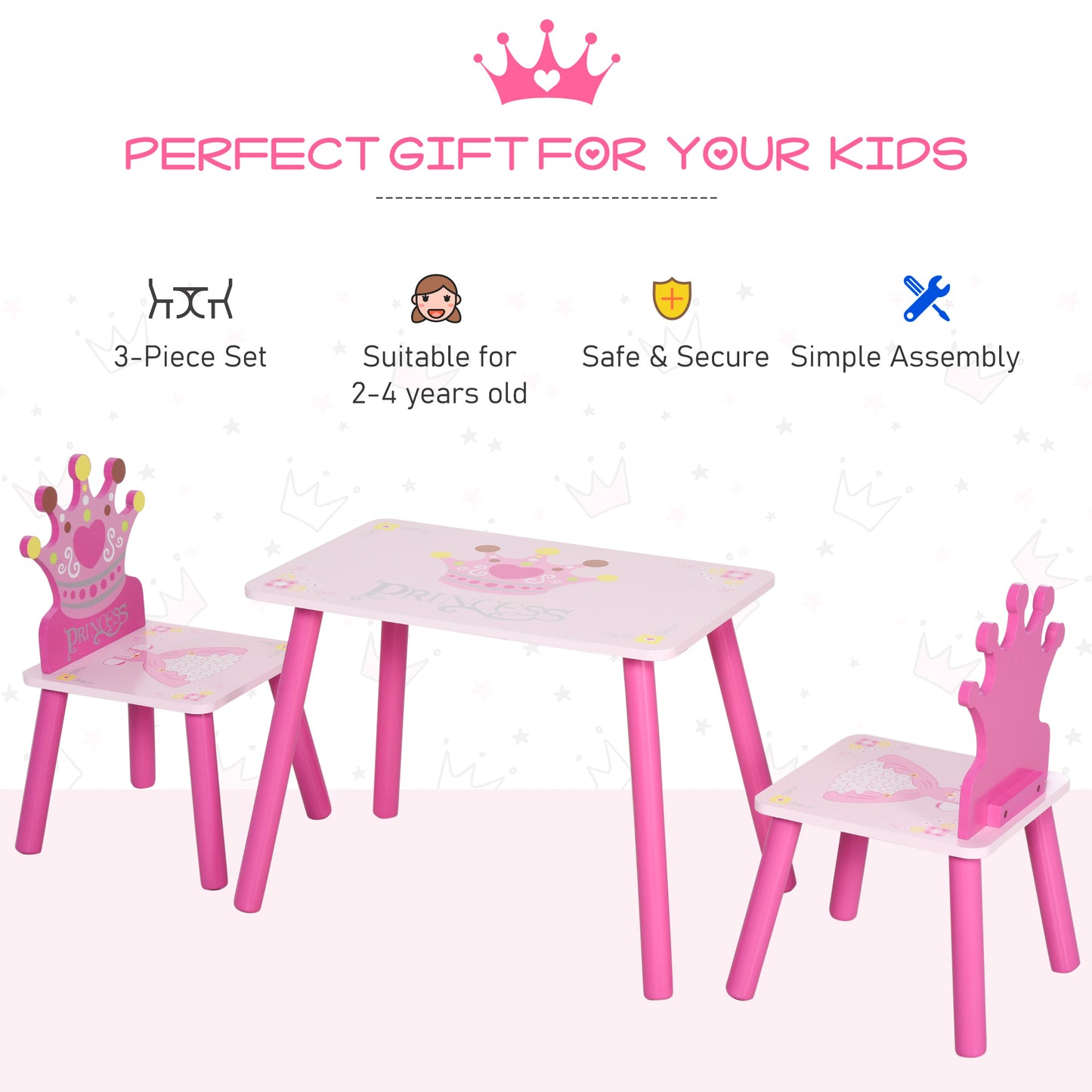 HOMCOM 3-Piece Set Kids Wooden Table Chair with Crown Pattern Easy to Clean Gift for Girls Toddlers Age 3 to 8 Years Old Pink