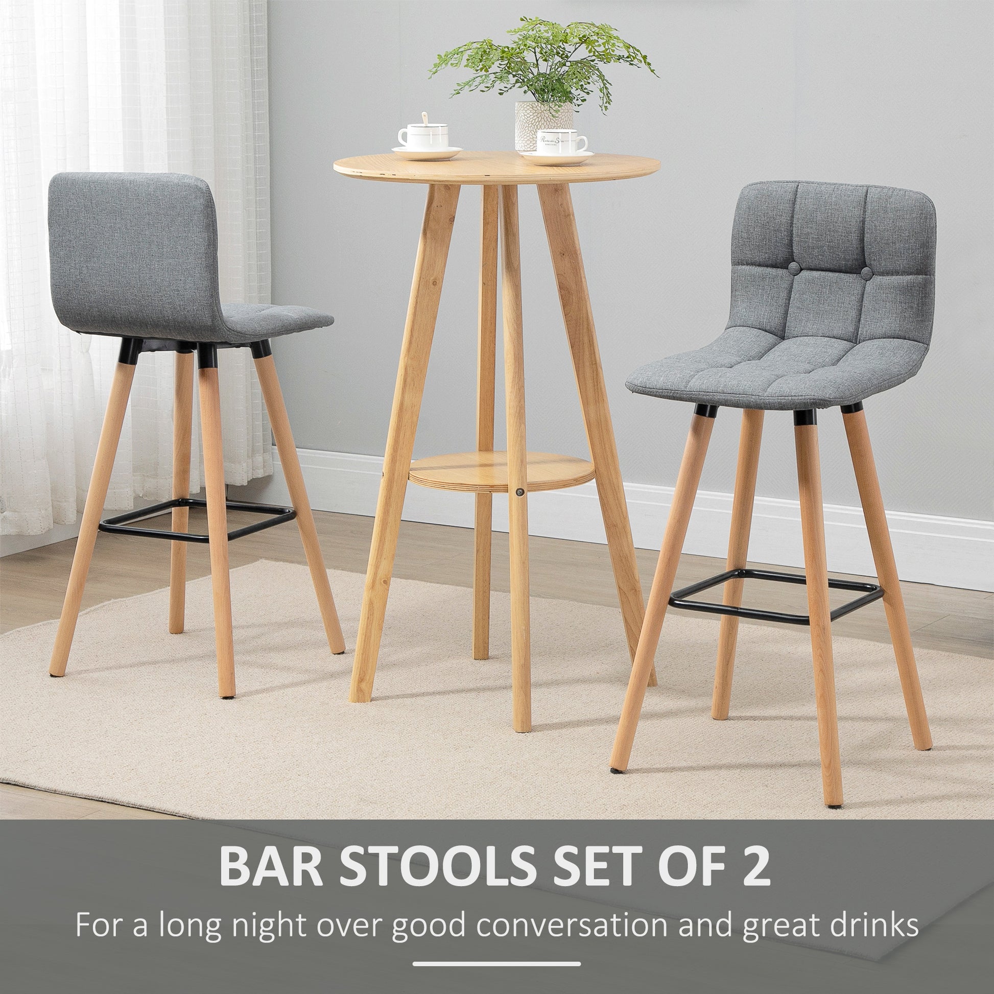 HOMCOM Bar stool Set of 2 Armless Button-Tufted Counter Height Bar Chairs with Wood Legs & Footrest, Grey