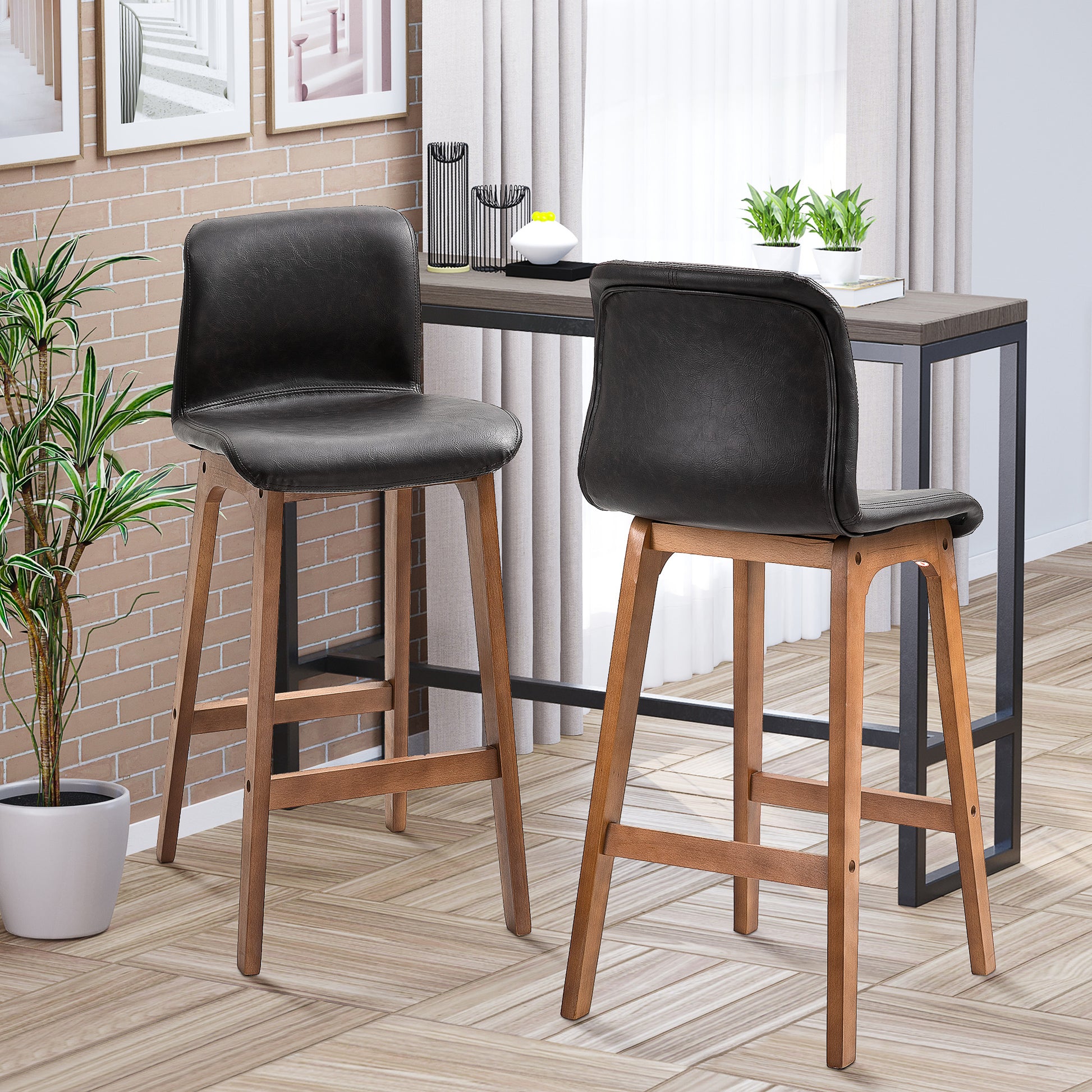 HOMCOM Modern Bar Stools Set of 2, PU Leather Upholstered Bar Chairs with Wooden Frame, Footrest for Home Bar, Dining Room