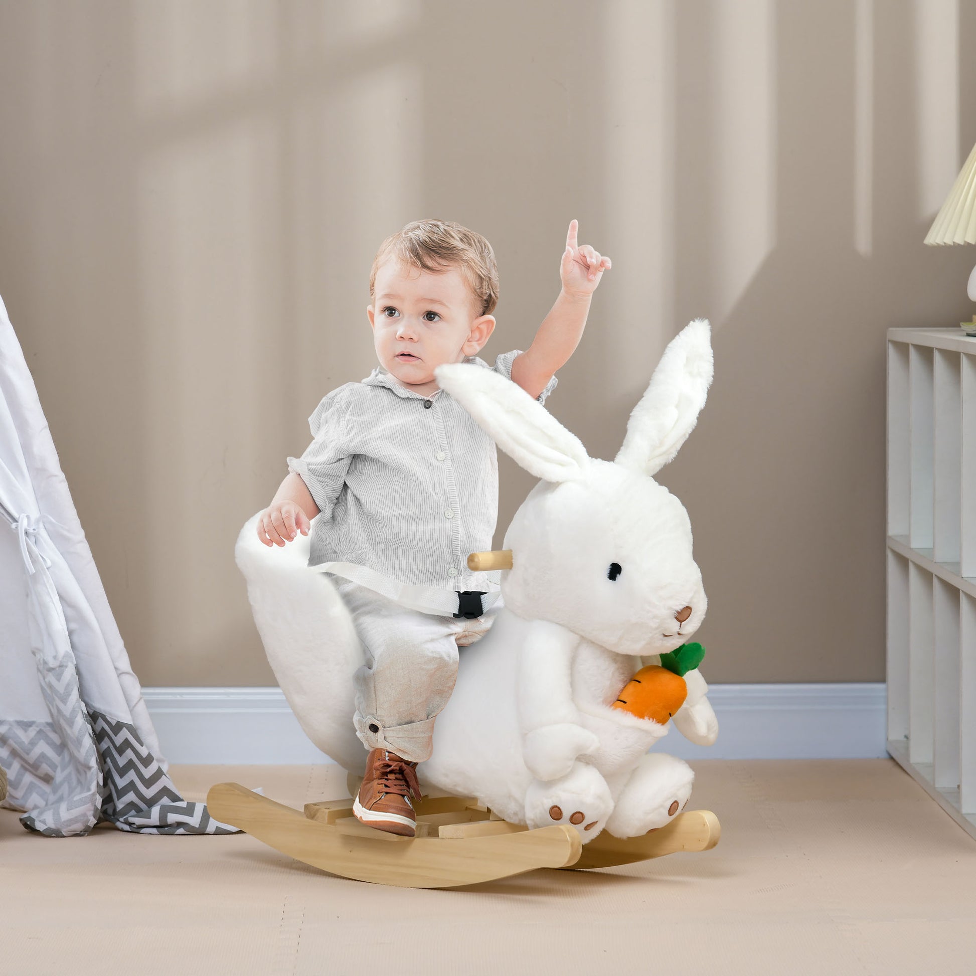 HOMCOM Kids Rocking Horse, Plush Rocking Chair Rabbit Shape w/ Safety Harness, Realistic Sound, Foot Pedals, for Toddler Aged 18-36 Months, White