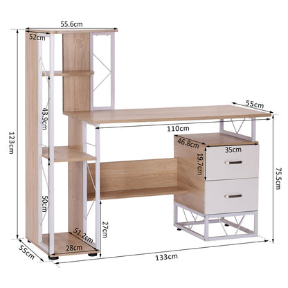 HOMCOM Computer Writing Desk PC Workstation w/2 Drawers Multi-Shelves Home Office Furniture