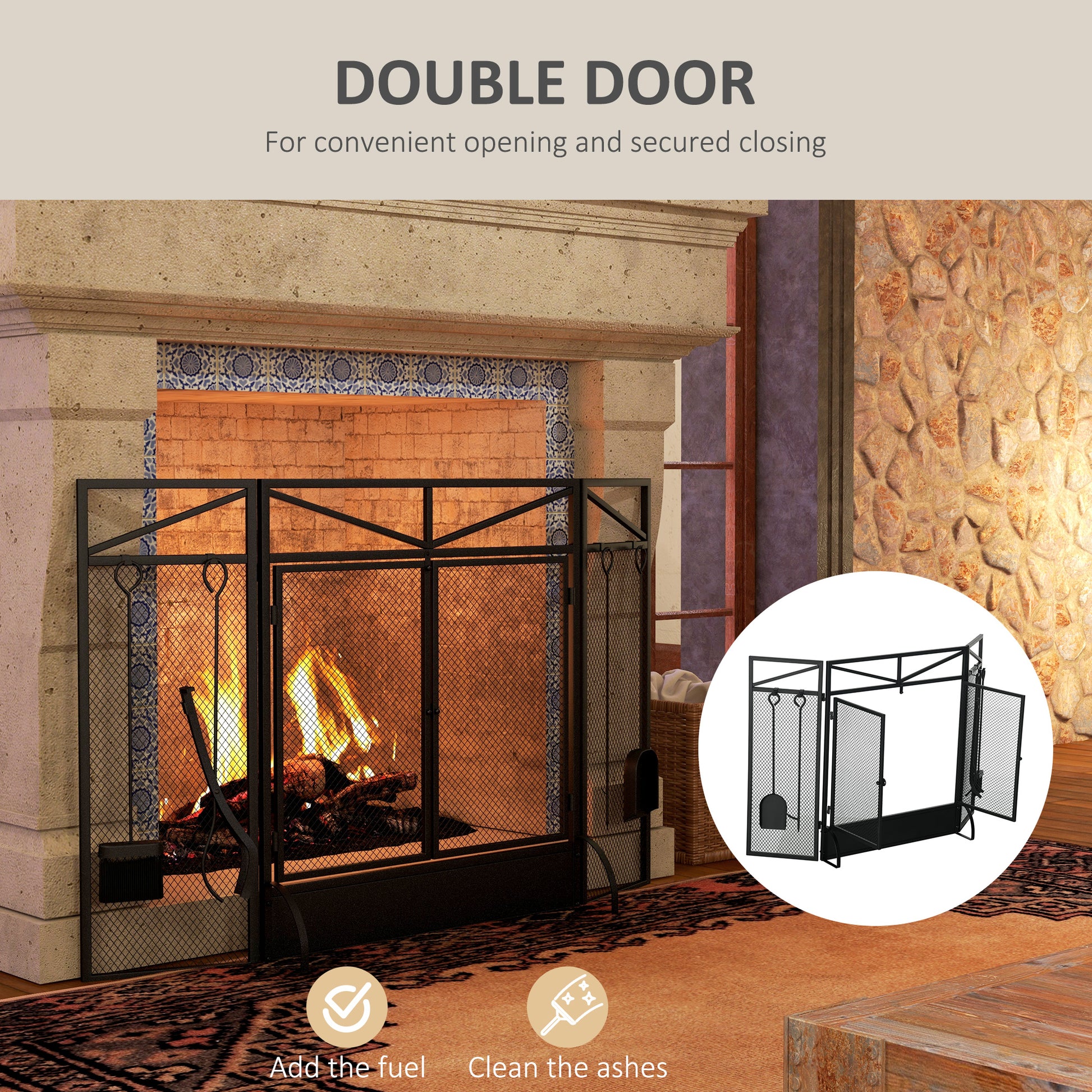 HOMCOM 3 Panel Folding Fire Guard Screen w/ Fireplace Tool Sets, Front Doors, Freestanding Fire Screen Spark Guard w/ Feet, Black