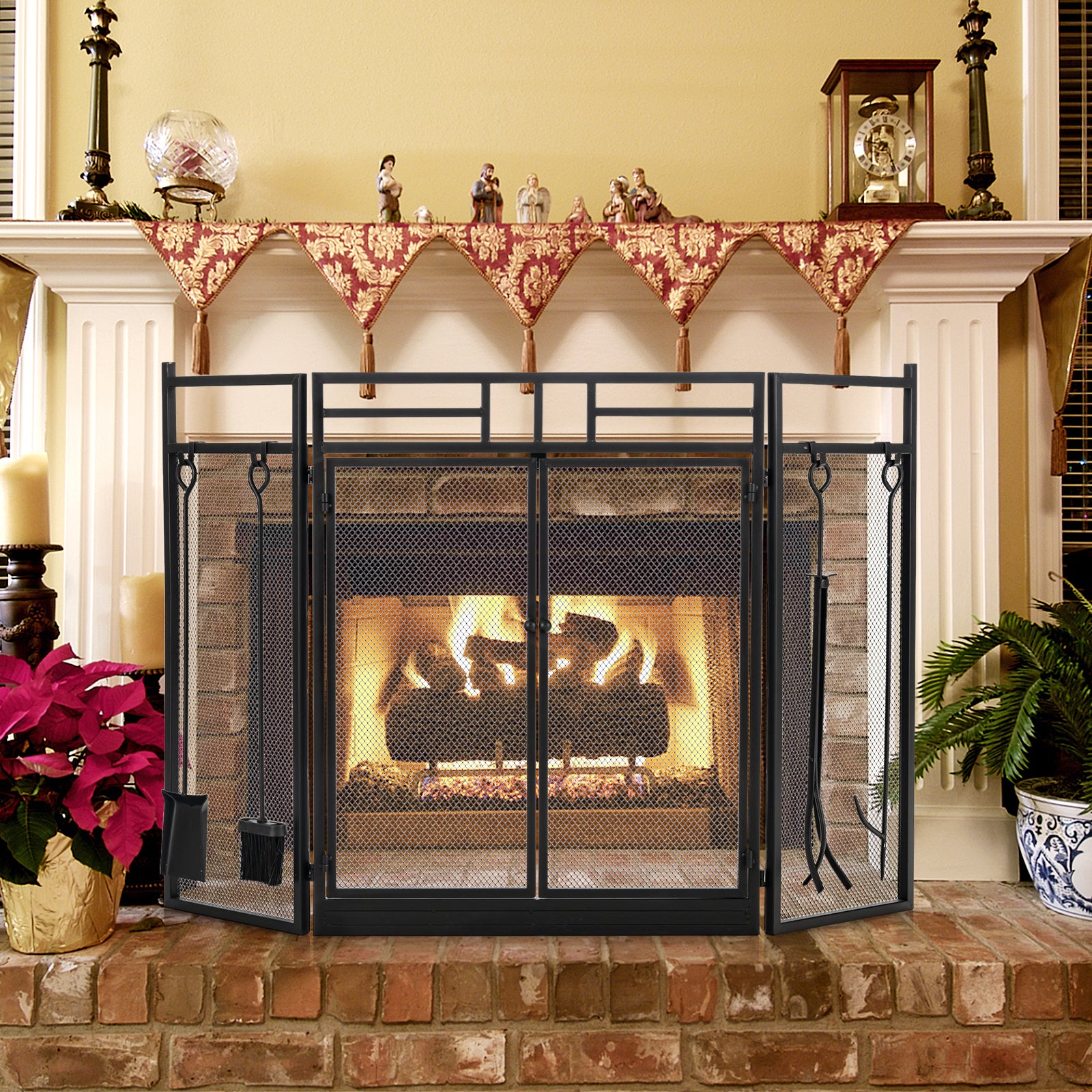 3-Panel Folding Fireplace Screen with Fireplace Tools Set-Black