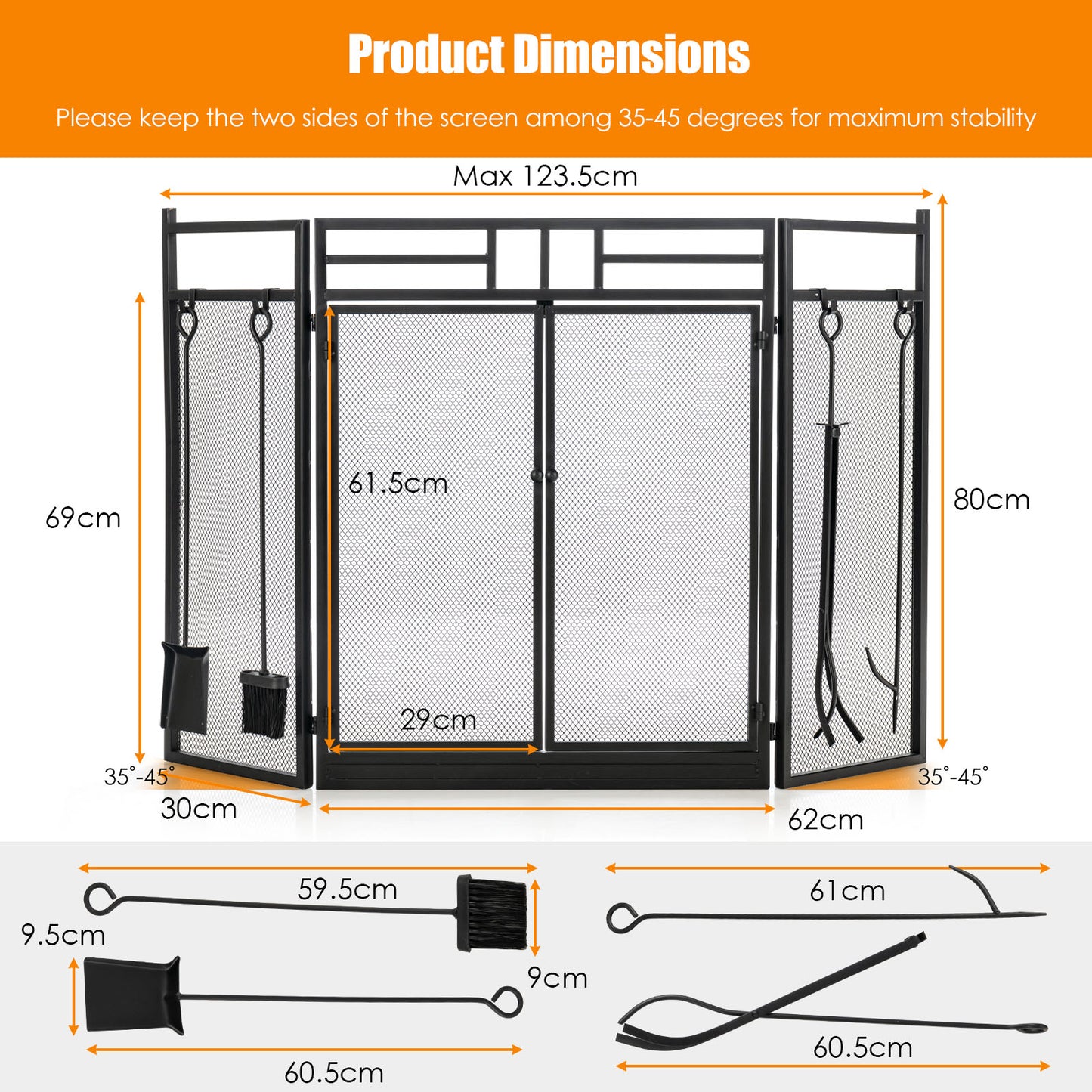 3-Panel Folding Fireplace Screen with Fireplace Tools Set-Black