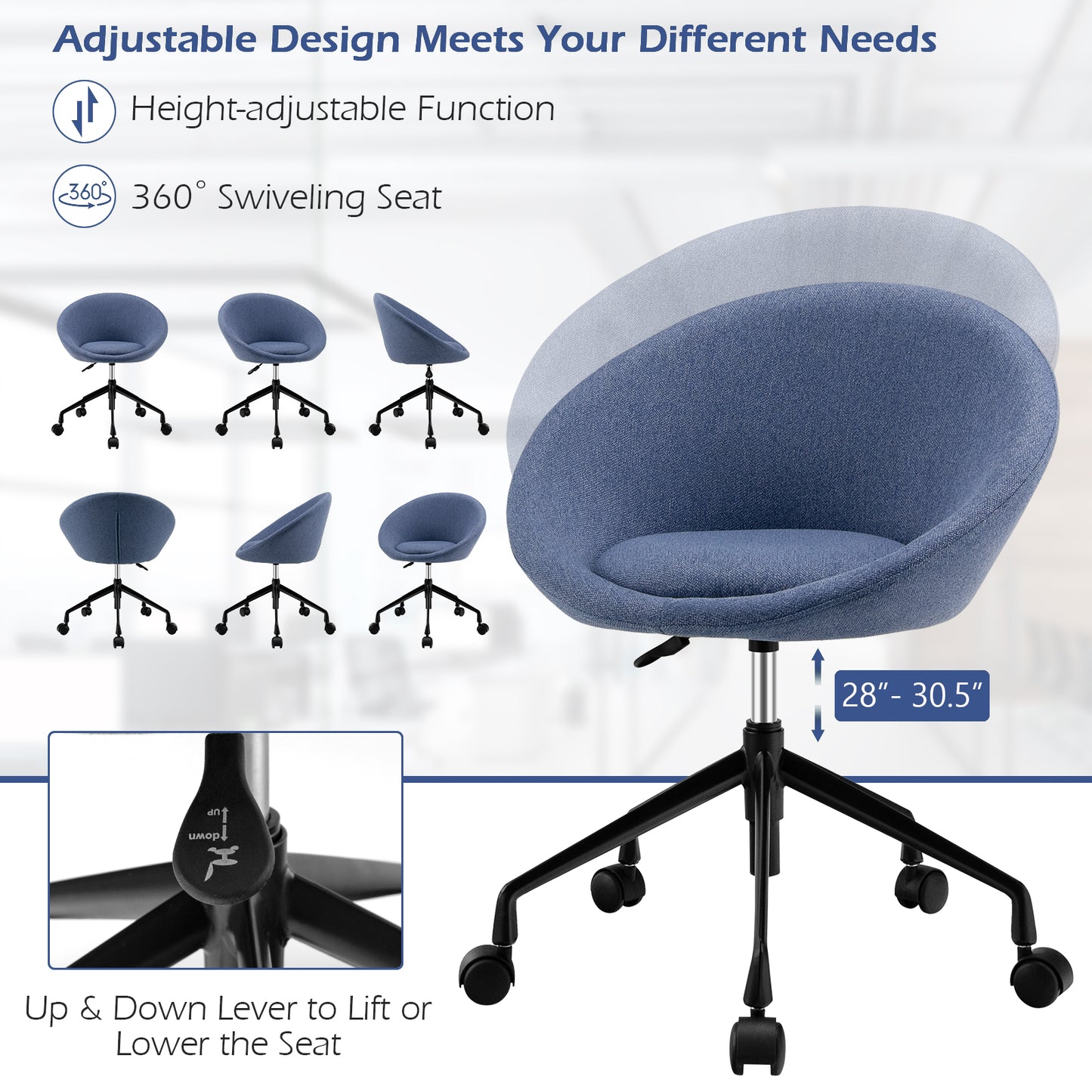 Modern Height Adjustable Swivel Accent Chair with Flexible Casters for Study Room and Make-up Room-Blue