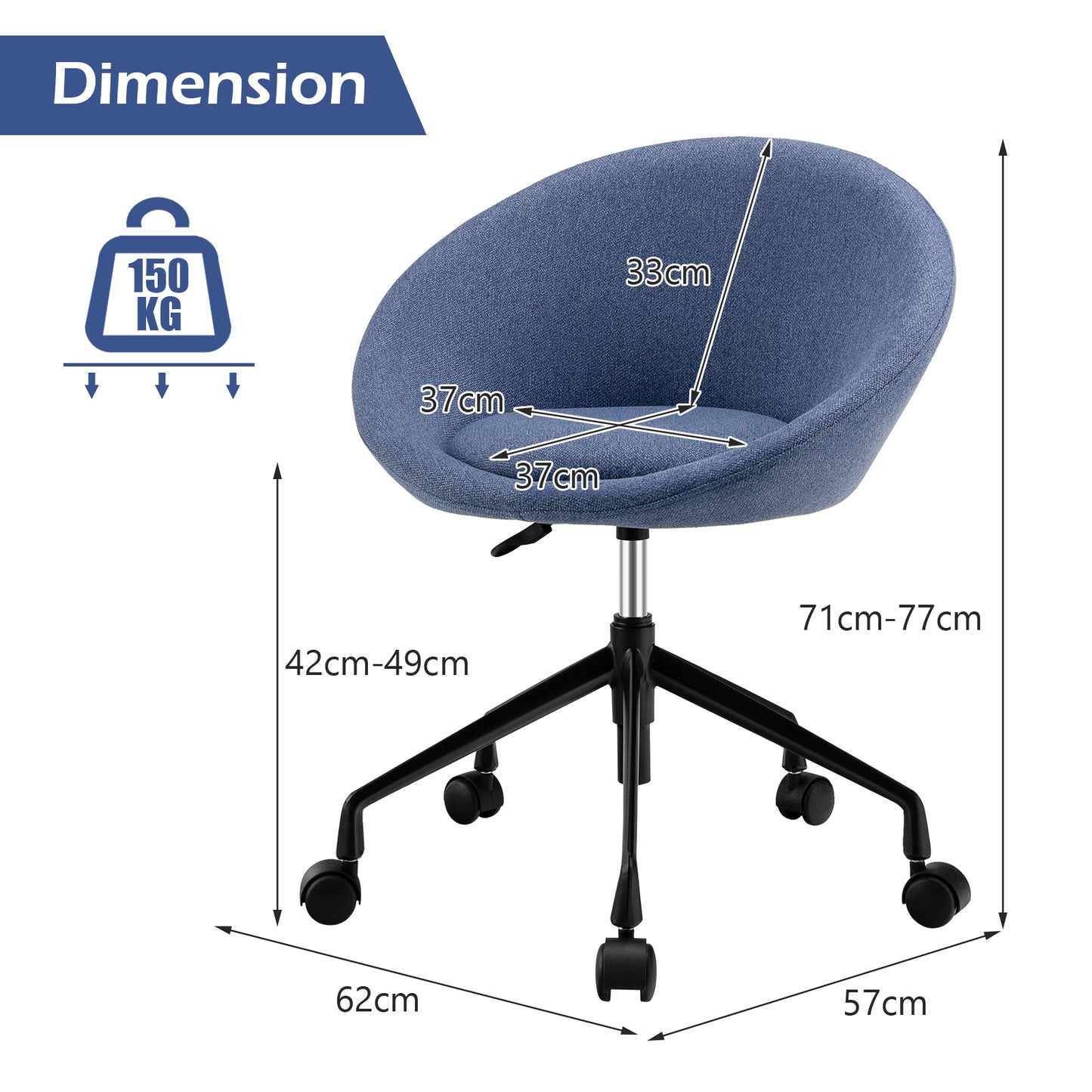 Modern Height Adjustable Swivel Accent Chair with Flexible Casters for Study Room and Make-up Room-Blue